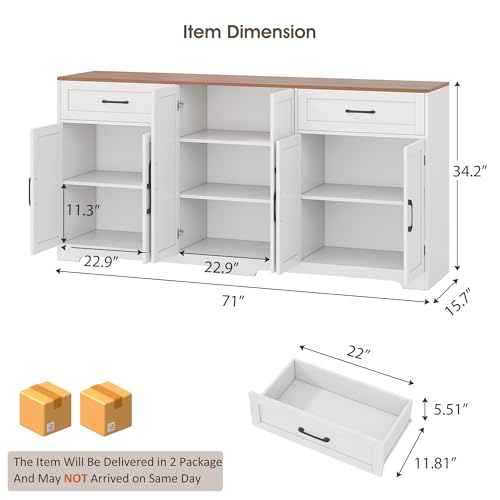 71" Farmhouse Sideboard Buffet Cabinet with Storage, White, view 3