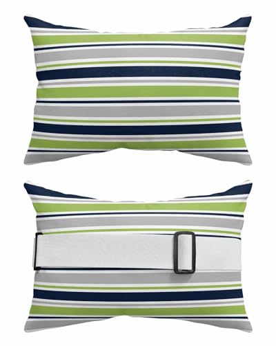 Pack of 2 Outdoor Lumbar Pillow Covers 12x20 Inch, Green Gray Striped Waterproof Throw Pillow Covers Set, Farmhouse Stripes Modern Abstract Art Outside Decorative Cushion Cases for Patio Porch Car