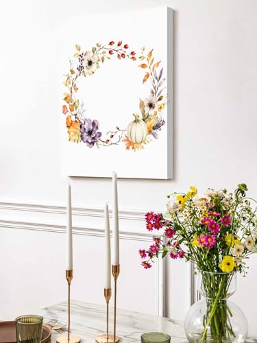 NuYeBiofx Autumn Pumpkin Flower Leaf Canvas Wall Art Prints,48"x32" Framed Picture Artwork Thanksgiving Plant Wreath Printed Canvas Oil Painting for Living Room Bedroom Office,Ready to Hang