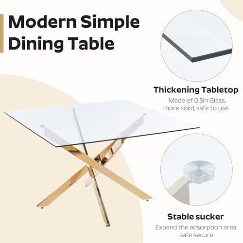 36-Inch Square Glass Dining Table Set with 4 Faux Leather High-Back Chairs - Modern Metal Cross-Leg Table with Comfortable C-Leg Seats for Modern Home Decor(Gray&Gold)