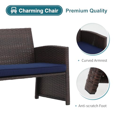 Outdoor Loveseat 3 Piece Patio Furniture Set Outdoor Conversation Set All-Weather Wicker Love Seat with Ottoman/Side Table, Brown Rattan, Blue