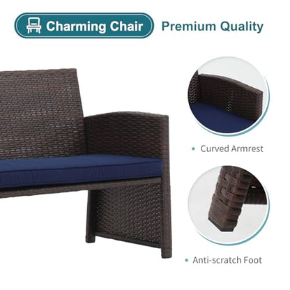 Outdoor Loveseat 3 Piece Patio Furniture Set Outdoor Conversation Set All-Weather Wicker Love Seat with Ottoman/Side Table, Brown Rattan, Blue