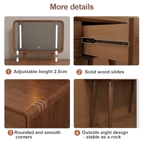 Solid Wood Vanity Desk with Mirror and 3 Lighting Modes, view 4