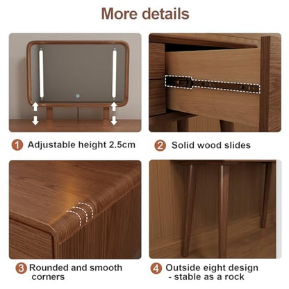 Solid Wood Vanity Desk with Mirror and 3 Lighting Modes, view 4