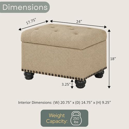 Designs4Comfort 5th Avenue Storage Ottoman 24" - Contemporary Foot Stool and Seat with Hinged Lid for Living Room, Dining Room, Office, Den, Tan Fabric