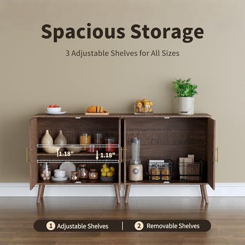 Mid Century Modern Buffet Sideboard Cabinet, Freestanding Wood Storage Cabinet with Magnetic Doors and Adjustable Shelves, Buffet Cabinet for Dining Room Living Room Entryway, Brown