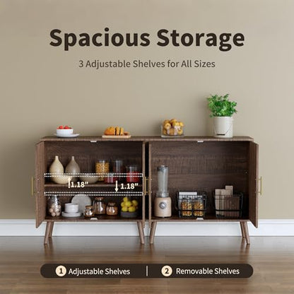 Mid Century Modern Buffet Sideboard Cabinet, Freestanding Wood Storage Cabinet with Magnetic Doors and Adjustable Shelves, Buffet Cabinet for Dining Room Living Room Entryway, Brown