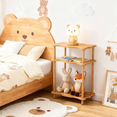 THUMEYE 3-Tier Side Table, 15.7”x11.8”x23” Space-Saving End Table with Solid Wood Legs, Tool-Free Assembly Nightstand for Bedroom Living Room, Burlywood