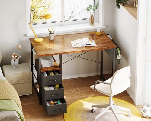 32 Inch Small Computer Desk with Fabric Drawers, Vintage, view 3