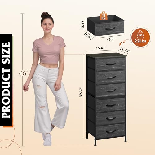 Tall Dresser for Bedroom, 6 Drawer Chest of Drawers, Black Wood Grain, view 4