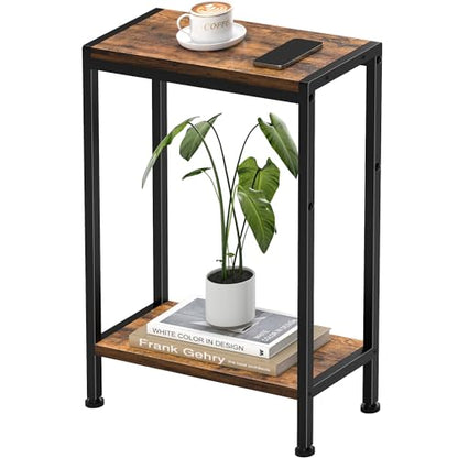 Narrow Side Table for Small Space, 2-Tier Slim End Table, Thin Nightstand, Skinny Snack Couch Table, Sofa Bedside Table in Living Room, Bedroom, Study, Kitchen and Balcony (Rustic Brown)