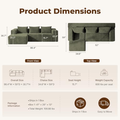 Modular Sectional L-Shaped Sofa with Deep Seat, Modern Boneless Comfy Corduroy Fluffy Couch with Side Pockets and Anti-Slip & Floor-Friendly Bottom for Living Room, No Assembly, Green