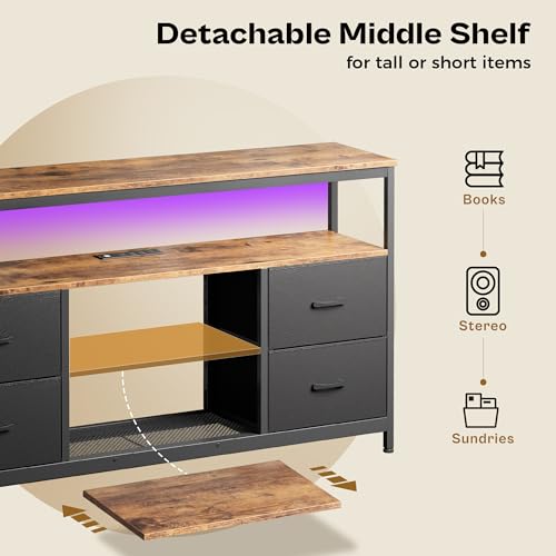 TV Stand Dresser with Power Outlets and LED Lights, 4 Drawers Entertainment Center with Shelves, 54 Inch Media Console for 55 60 Inch TV, PU Finish, Rustic Brown and Black