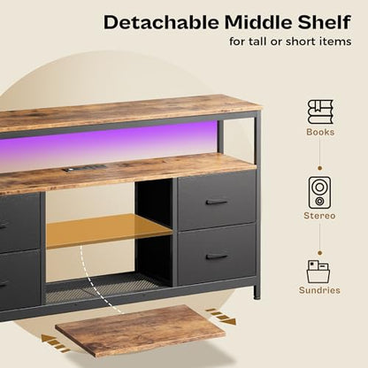 TV Stand Dresser with Power Outlets and LED Lights, 4 Drawers Entertainment Center with Shelves, 54 Inch Media Console for 55 60 Inch TV, PU Finish, Rustic Brown and Black