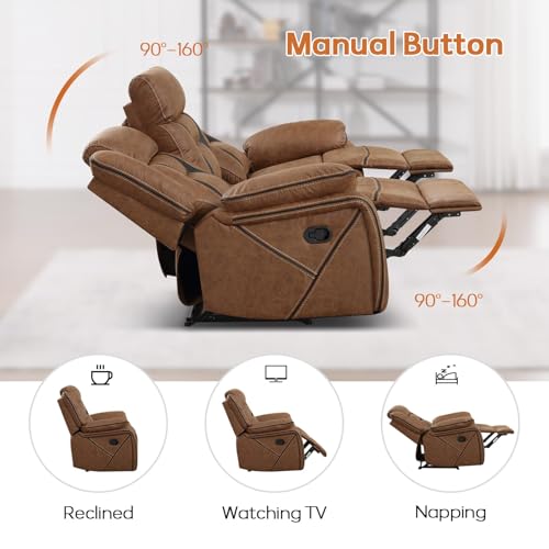 Manual Recliner Sofa Set, Faux Leather Reclining Living Room Furniture Set, Included Recliner Chair and 3 Seat Manual Recline Sofa, Brown