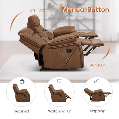 Manual Recliner Sofa Set, Faux Leather Reclining Living Room Furniture Set, Included Recliner Chair and 3 Seat Manual Recline Sofa, Brown