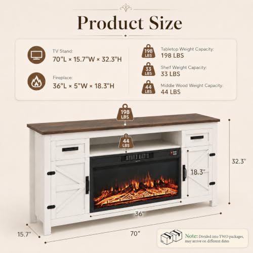 Fireplace TV Stand with Barn Door, 70 inch, White, view 3
