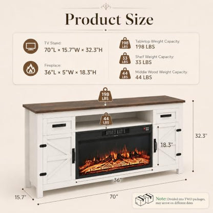 Fireplace TV Stand with Barn Door, 70 inch, White, view 3