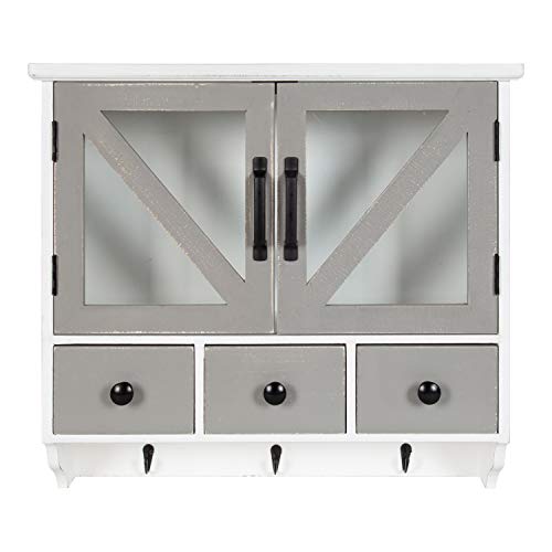 Hutchins Decorative Rustic Wood Wall Cabinet, 21" x 6" x 20", White and Gray, Farmhouse Decor Organizer with Magnetic Doors and Three Drawers