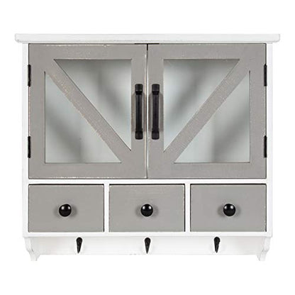 Hutchins Decorative Rustic Wood Wall Cabinet, 21" x 6" x 20", White and Gray, Farmhouse Decor Organizer with Magnetic Doors and Three Drawers