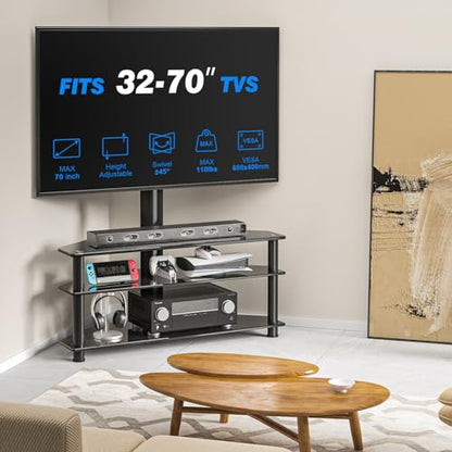 Corner Swivel Glass TV Stand with Mount for 32-70 Inch Screen TV up to 110lbs, Height Adjustable Corner TV Stand with Mount, Entertainment Center with TV Mount and 3-Tier Storage for AV Media