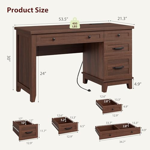 Executive Desk with Drawers, Farmhouse Home Office Desk with Charging Station, 53.54 in Wooden Computer Desk with File Cabinet Storage for Work Study Writing,Walunt Brown