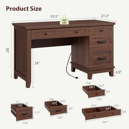 Executive Desk with Drawers, Farmhouse Home Office Desk with Charging Station, 53.54 in Wooden Computer Desk with File Cabinet Storage for Work Study Writing,Walunt Brown
