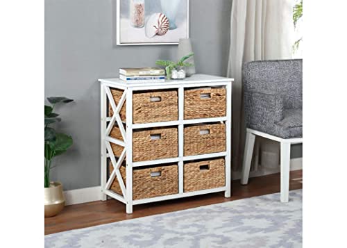 3 Tier X-Side End Storage Cabinet Table, White | 6 Wicker Baskets, For Bedroom, For Living Room
