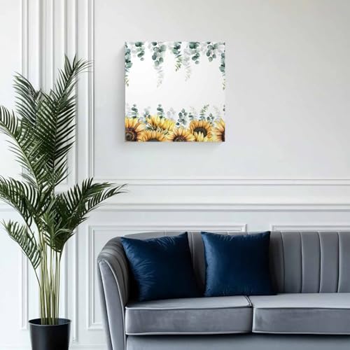 Sunflower Eucalyptus Wall Art Decor for Living Room Bedroom Kitchen Office Hotel, Farmhouse Weeping Botanical Wooden Framed Canvas Picture Oil Painting with Wrapped Design - Ready To Hang 8"x8"