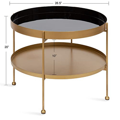Nira Modern Round Two Tier Coffee Table; 26 Inch Diameter; Black and Gold; Decorative Glam Coffee Table for Storage and Display