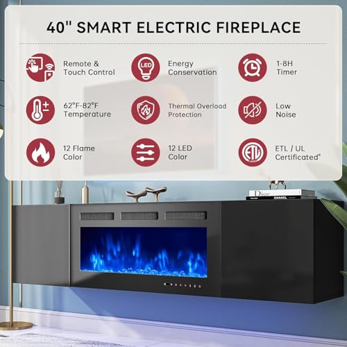 80'' Floating TV Stand with 40" Electric Fireplace, view 4