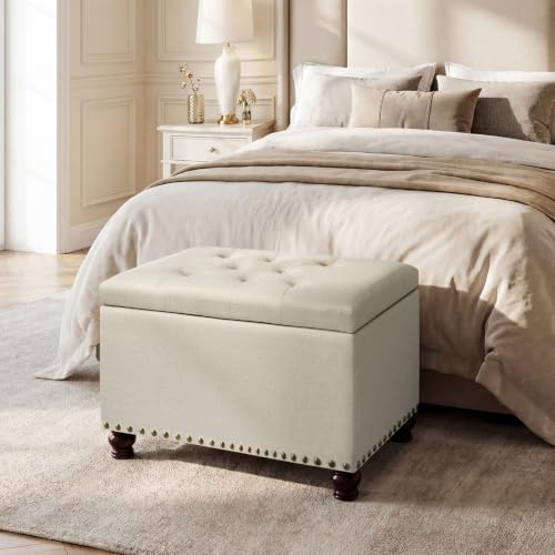 Ottoman with Storage,24" Fabric Ottoman Foot Rest with Hinged Lid Small Rectangle Upholstered Button Tufted Foot Stools Ottomans for Bedroom Living Room Entryway,Beige