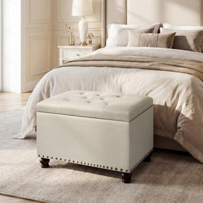 Ottoman with Storage,24" Fabric Ottoman Foot Rest with Hinged Lid Small Rectangle Upholstered Button Tufted Foot Stools Ottomans for Bedroom Living Room Entryway,Beige