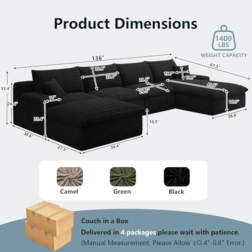 136" Cloud Sectional Couch with U-Shaped Chaise, view 3