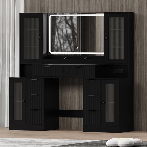 Fluted Makeup Vanity Desk with Mirror and Lights, view 2