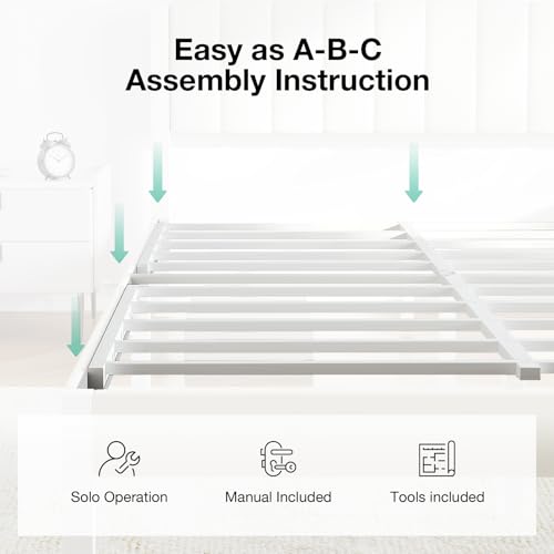 Metal Platform Bed Frame with Velvet White Headboard, view 5