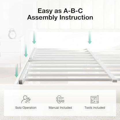 Metal Platform Bed Frame with Velvet White Headboard, view 5