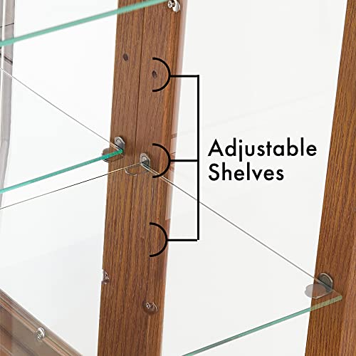 Curio Cabinet Lighted Curio Diapaly Cabinet Wooden Shelving Unit with Adjustable Shelves and Mirrored Back Panel, Tempered Glass Doors (Oak, 3 Tier)