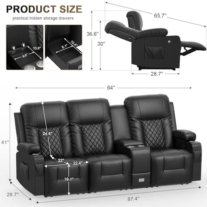 3 Seat Recliner Sofa, Large Reclining Sofa with Storage Console, Manual Reclining Chair with USB Ports, 2 Cell Phone Holder, 3 Seater Loveseat Recliner Couch for Living Room