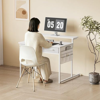Small desk with Drawers, 31.5X15.8-22.9 Inches Office Computer Desk with Side Pocket & Ergonomic Adjustable Monitor Stand, Writing Table for Small Spaces, Kids desk, vanity desk Bedroom, White