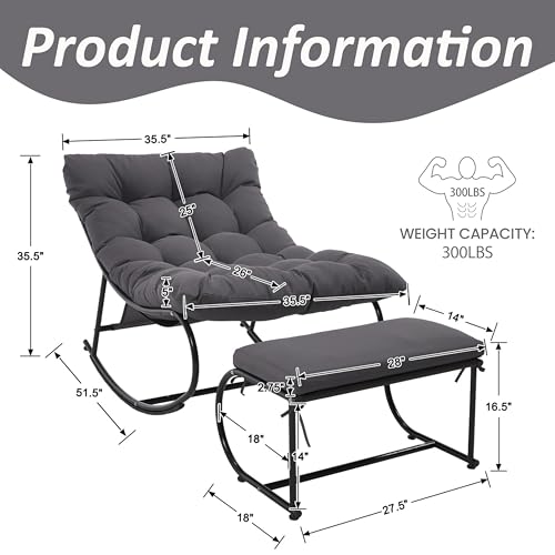 Oversized Double Papasan Rocking Chair Set of 2 with Ottoman, Egg Shaped Patio Lounge Chair with Thick Soft Cushion, Outdoor Relaxation Furniture for Porch, Backyard, Garden, Balcony, Grey
