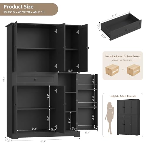 68" Tall Kitchen Pantry Storage Cabinet with Doors & Shelves, Black, view 4