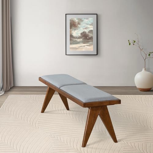 Solid Wood Bench with Grey Fabric Upholstery and Walnut Colored Legs, 51.18 x 14.17 inches