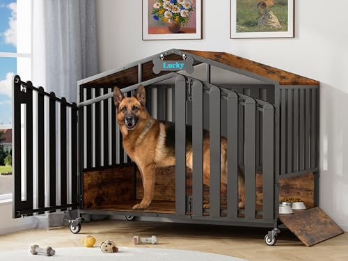 48" Dog Crate on Lockable Wheels, Large Dogs Cage with Name Tag, view 2