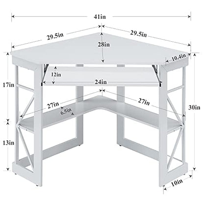 Corner Desk Computer Desk Writing Table with Smooth Keyboard Tray & Storage Shelves,Compact Home Office Triangle Table,White
