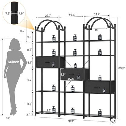 83.5" Tall Arched Bookshelf, Triple Wide 6-Tier Large Open Book Shelf with 3 Drawers Storage, Etagere Bookcase with Display Shelf, Industrial Bookshelf with Metal Frame for Living Room, Black
