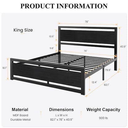 Heavy Duty King Size Bed Frame with Modern Headboard, Black, view 3