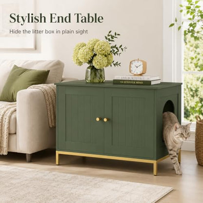Cat Litter Box Enclosure, Cat Washroom Furniture with Metal Frame, Pet House, Fit Most of Litter Box, Modern Style, Green and Gold