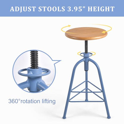 Bar Stools, Set of 2 Solid Wood Metal Breakfast Stools, 24"-28.35" Barstools for Dining Room Kitchen Home Counter Bar Height Adjustable Swivel Round Seat 3 Legs, Blue & Oak