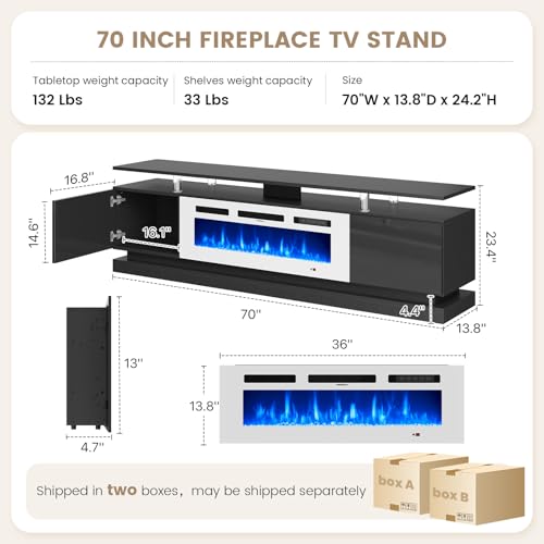 70" Fireplace TV Stand, Modern Entertainment Center, view 3